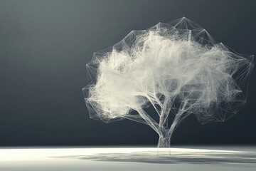 A futuristic concept of a tree in wireframe design, showing transparency and shade interplay in a digital art style.