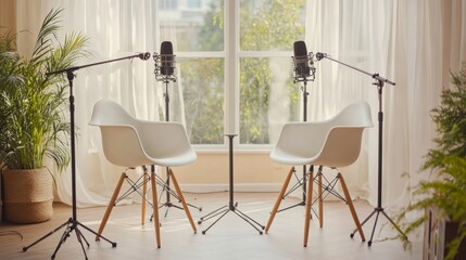 Sleek podcast studio setup with two white chairs, silver microphones on stands, and natural light creating a serene, bright environment