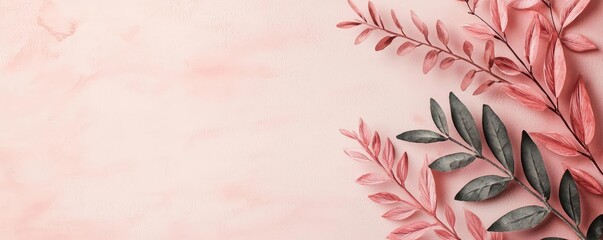 Poster - Light pink watercolor idea. Soft pastel background with delicate leaves creating a serene and calming atmosphere.