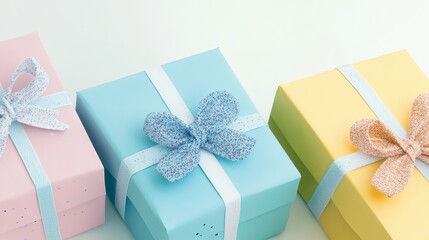 Colorful striped gift boxes with bows arranged on white background, concept of celebration. DIY Pastel Party Favors