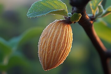 Poster - Detailed Macro Shot of a Dew-Drop Almond on a Tree with Texture and Leaf Background in Natural Setting : Generative AI