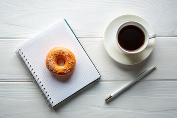 Wall Mural - Aerial View White Desk Coffee Donut Notebook Workspace Office Home