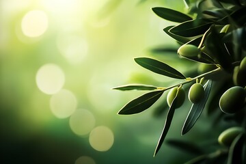 Poster - Lush Olive Tree Branches Amidst Vibrant Greenery with Dreamy Bokeh Background : Generative AI