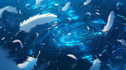 Wall Mural - ethereal feathers floating in a cosmic whirlpool, surrounded by sparkling blue light and depth