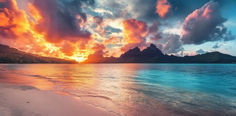 Wall Mural - Beautiful sunset on the beach  islands, with a colorful sky, crystal-clear water, a turquoise sea, and green mountains 