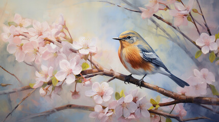 Naklejka na meble Spring Bird in Blossom Tree - A Peaceful Spring Scene