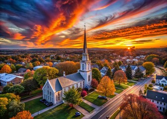 Wall Mural - Autumn Sunset Aerial: Fairfield, CT Church Flyover - Night Photography