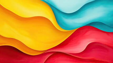 Wall Mural - Playful watercolor concept. Vibrant abstract waves in yellow, red, and blue create a striking visual composition.