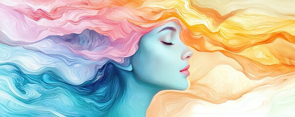 Wall Mural - Playful watercolor concept. A serene illustration of a woman with colorful hair symbolizing emotions and thoughts.