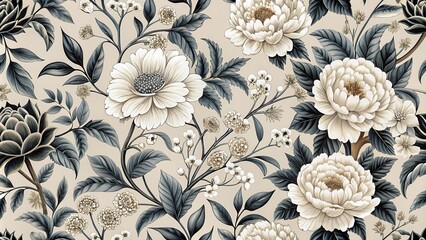 Naklejka na meble Elegant Floral Design with Cream and Dark Green Tones on a Beige Background
