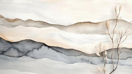 Poster - Neutral watercolor concept. A serene watercolor landscape featuring gentle hills and delicate foliage.