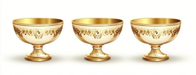 Three ornate golden bowls on pedestals, isolated on white background.