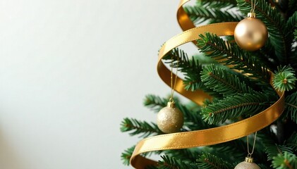 Twirling golden ribbons entwined around a Christmas tree branches, ornaments, christmas trees