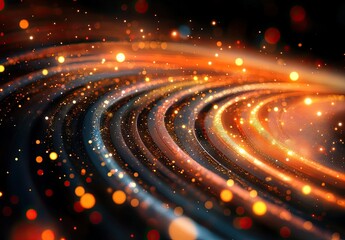 Wall Mural - Close-up of a black space background with golden and red lights, an abstract design reminiscent of outer planet rings 