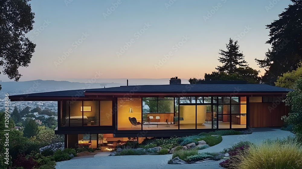 16. A single-story structure with a flat roof, large glass windows, and ...