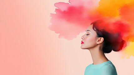 Wall Mural - Minimalist watercolor idea. A serene woman with colorful watercolor splashes representing creativity and emotion.