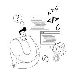 a developer looks thoughtfully at his code and searches for an error. vector illustration on the top