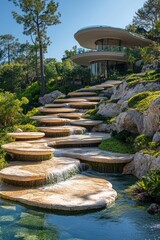 Wall Mural - Modern house, cascading waterfall, lush landscaping.