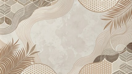 Wall Mural - Elegant Neutral Tones Abstract Background Design with Tropical Plant Motifs