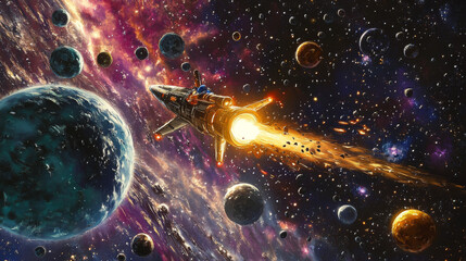 Cartoon astronaut on rocket in starry galaxy between space planets, comets and asteroids. Space exploration vector background with alien galaxy planets, funny kid astronaut character flying on rocket