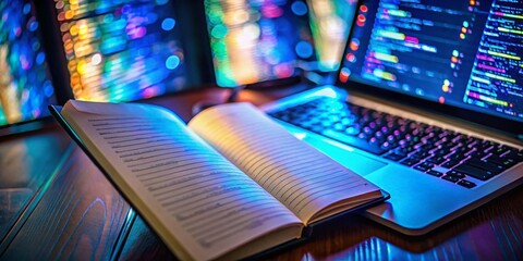 Close-up Programmer's Notebook & Coding Script on Glowing Computer Screen - Software Development Stock Photo