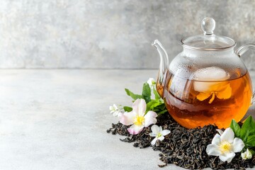 Wall Mural - Floral iced tea. Glass teapot with brewed tea and flowers on a gray background.