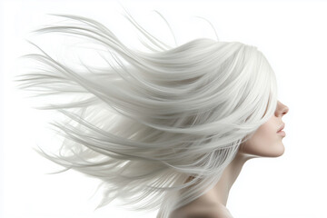 woman with long white hair is shown with her hair blowing in the wind. Concept of freedom and movement, as the woman's hair dances in the wind