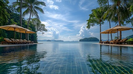 Wall Mural - Tranquil Infinity Pool Overlooking Lush Tropical Islands