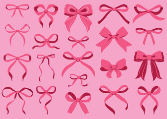 Wall Mural - Simple hand drawn pink ribbon bow collection. Bowknot for decoration, big set of bowtie. Large retro ribbon illustration set. Set of various cartoon bow knots, gift ribbons. Valentines day, love sign