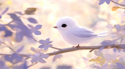 Sticker - Adorable fluffy white bird perched on a branch with soft pastel flowers.