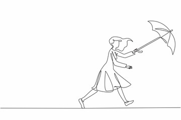 Wall Mural - continuous one line drawing a woman runs after a flying umbrella. the strong gusts of wind can blow 