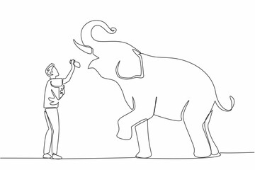 Sticker - Continuous one line drawing a man stands in front of an elephant while putting food into the mouth of elephant. Feeding carefully. Save The Elephant Day. Single line draw design vector illustration