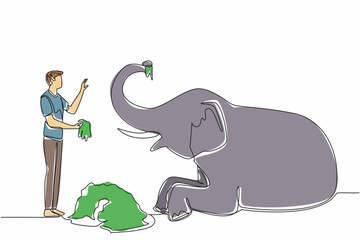 Wall Mural - Single continuous line drawing a man standing in front of a sitting elephant holding a pile of grass. Feeding the best quality grass. Care. Save The Elephant Day. One line design vector illustration