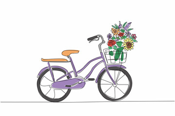 Sticker - Single continuous line drawing mini bike with a basket on the front filled with flowers and leaves. Bicycles do not harm nature. Keeping nature green. Bicycle Day. One line design vector illustration