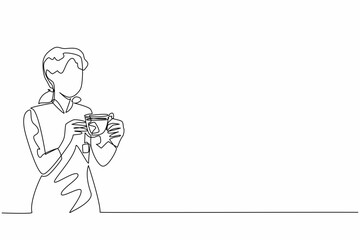 Wall Mural - Single continuous line drawing a woman holding transparent glass cup filled with tea and there is tea paper. Want to improve a bad mood. Calming. National Tea Day. One line design vector illustration