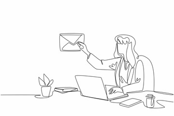 Sticker - Single continuous line drawing businesswoman sitting at desk typing on laptop. Reply to emails received from clients. Formal language. Tech. National Email Day. One line design vector illustration