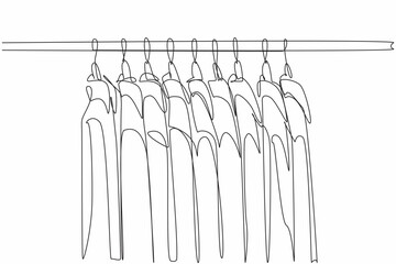 Wall Mural - Single continuous line drawing clothes hanger with several shirts of various colors hanging. Ironed, ready to wear. Hang it there are no creases. Get Organized Day. One line design vector illustration