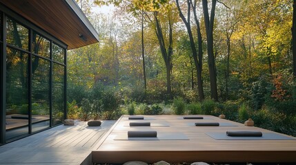 A serene outdoor yoga space with mats set up on a wooden platform