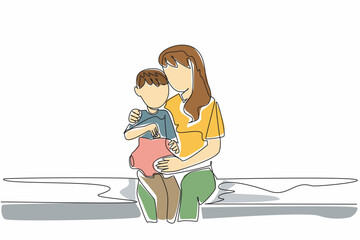 Wall Mural - single one line drawing boy and his mother sitting on sofa holding a piggy bank. the importance of f