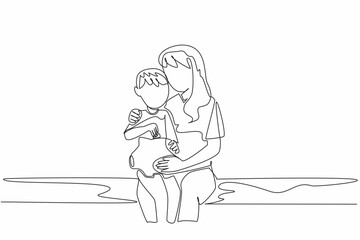 Wall Mural - single one line drawing boy and his mother sitting on sofa holding a piggy bank. the importance of f
