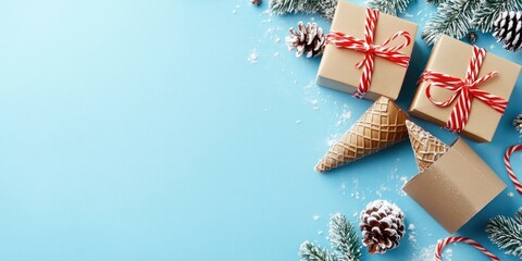 Wall Mural - Christmas gift boxes and cones on a light blue backdrop arranged in the top left corner with plenty of space in the bottom right for text