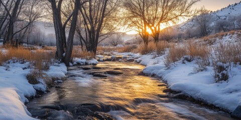 Wall Mural - Winter sunrise over a gentle stream surrounded by snowy banks and frosty trees, warm golden light reflecting on the water.