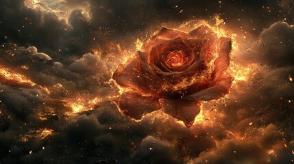 Wall Mural - Fiery Rose Emerging from Dark Clouds in a Surreal Atmosphere