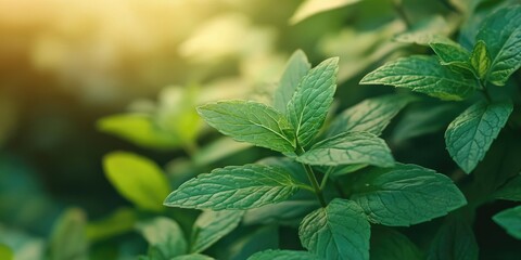 Wall Mural - Vibrant green peppermint leaves in a clustered arrangement with soft sunlight backdrop in a spacious backyard setting featuring blurred greenery