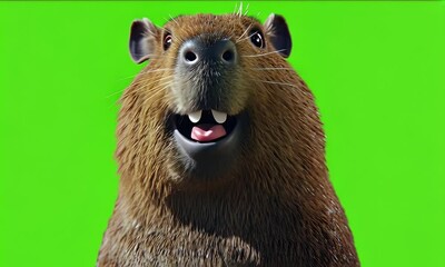 happy capybara close-up, green screen background, animal portrait, for animation