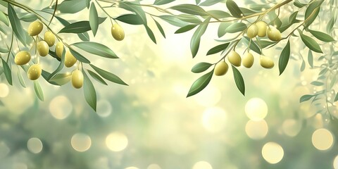 Wall Mural - Olive branch design with yellow olives and lush green leaves positioned at the top against a soft bokeh light background in light greens and golds