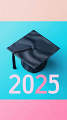 Wall Mural - celebrating graduation with a stylish black cap on bold 2025 text against a modern pastel background