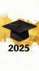Wall Mural - stylish black and gold graduation cap icon featuring the year 2025 on a smooth white gradient backgr