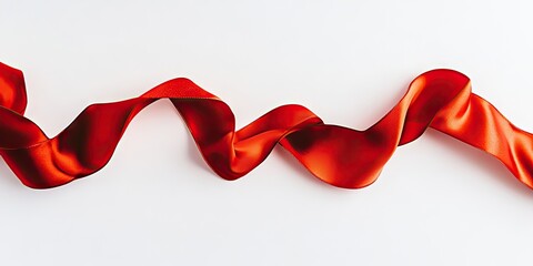 Wall Mural - Glossy red satin ribbon flowing elegantly on a clean white backdrop with soft curves and light reflections highlighting its texture