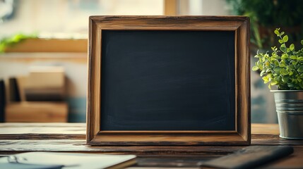 blank wooden framed chalkboard on rustic table